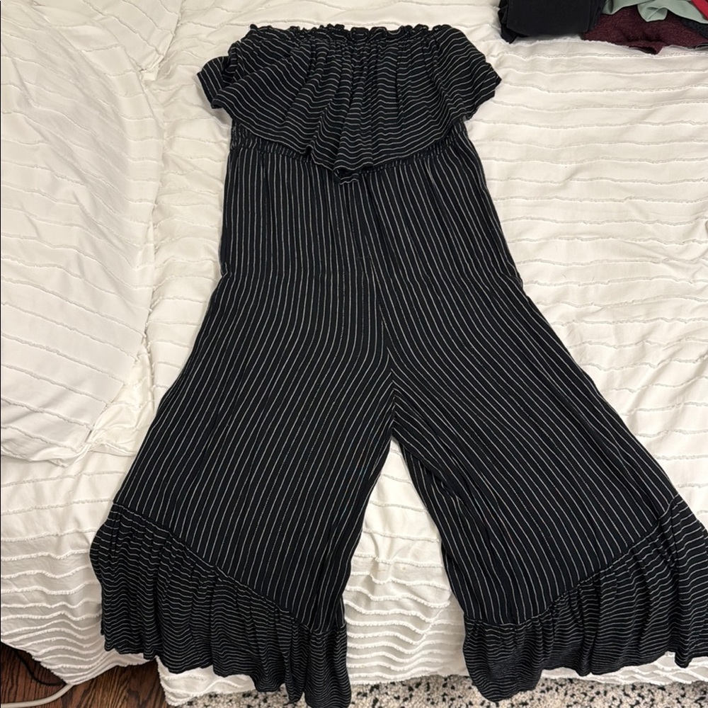 American Eagle Black and White Pinstripe Jumpsuit with Flowing Legs